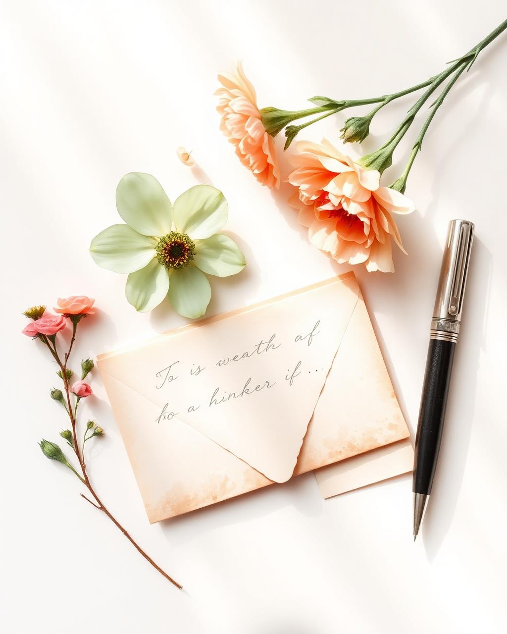 Pressed flowers, a fountain pen, and a folded letter on cream paper.